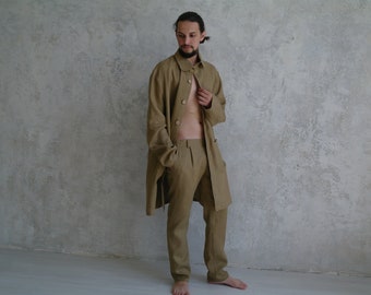 LINEN MEN SUIT: Trench Coat and Pants, Natural Linen Suit for Men, Men's Linen Overcoat, Men's Linen Pants, Organic Flax Suit, Linen Set Men