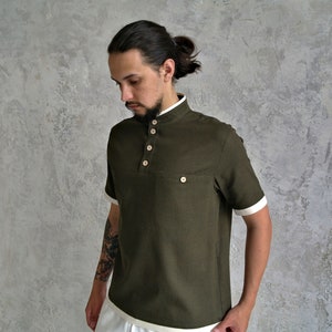 Linen Shirt Men, Mandarin collar Shirt, Organic Flax Tees, Men&#39;s Linen T-Shirt, Coconut button Shirt, Shirt with Pockets Linen, Gift for Him