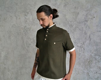 Linen Shirt Men, Mandarin collar Shirt, Organic Flax Tees, Men's Linen T-Shirt, Coconut button Shirt, Shirt with Pockets Linen, Gift for Him