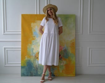 Vestido midi de lino con volantes para mujer, cuello redondo, mangas cortas, cierre de botones en la espalda y bolsillos.