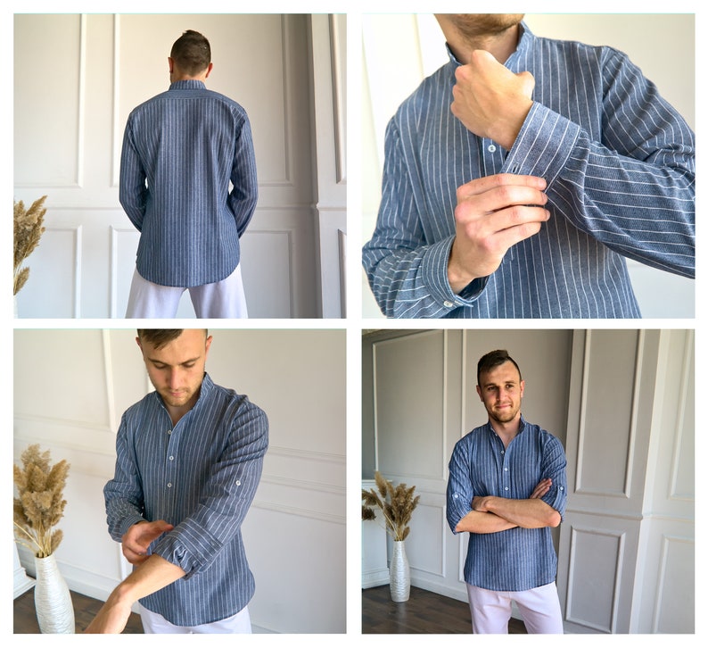 May include: Blue and white striped long-sleeve shirt with a mandarin collar. The shirt is shown from multiple angles, including the back and close-ups of the sleeves. The sleeves can be rolled up. The shirt is paired with white pants.