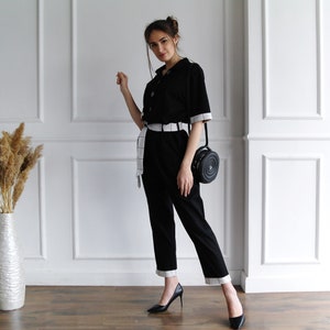Combinaison en lin noir pour femmes, combinaison pantalon en lin, combinaison en lin Maxi, combinaison en lin long, barboteuse en lin pour femmes, combinaison élégante