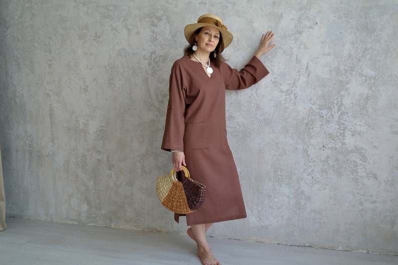 Women's KAFTAN DRESS, Linen Long Tunic with Roll-up Sleeves, Linen Beach Dress with Slits, Midi V-neck Dress, Linen Kaftan Women image 3