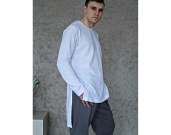 Men's Long Linen Tunic Shirt, Crew Neck, Side Slits and High-Low Hem
