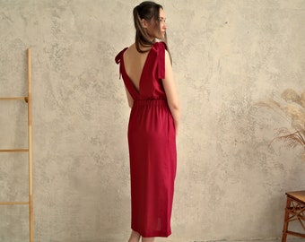 Open Back Linen SUNDRESS, Backless sundress, Strap dress, Summer slip dress, Linen dresses for women, Perfect summer dress, Red Linen dress