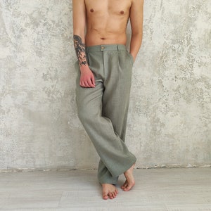 Straight Linen Pants for Men, Classic Linen Trousers, Organic Flax Men's Pants, Natural Linen Pants , Men's Elastic Waist Linen Pants zdjęcie 9