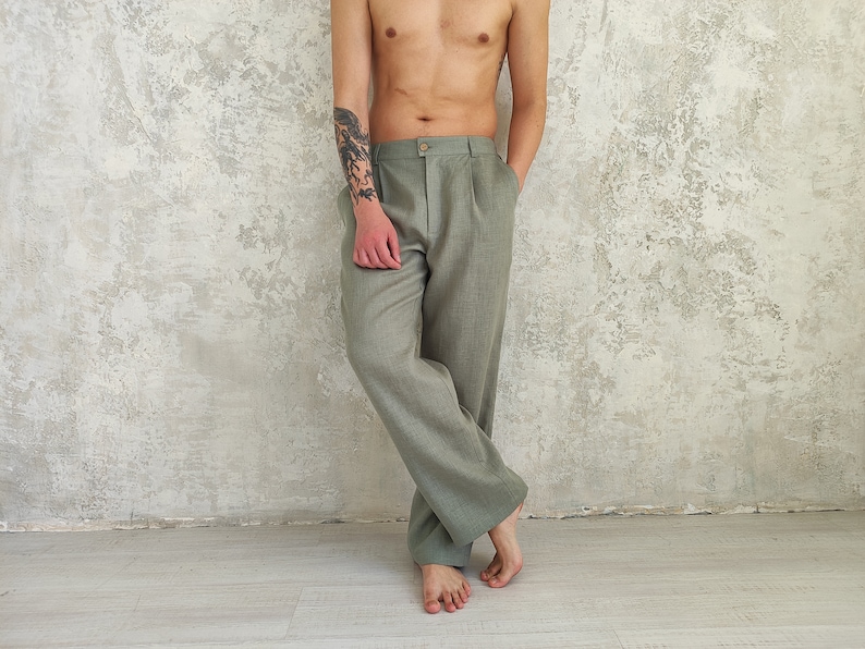 Straight Linen Pants for Men, Classic Linen Trousers, Organic Flax Men's Pants, Natural Linen Pants , Men's Elastic Waist Linen Pants zdjęcie 9