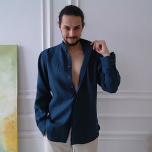 Natural Shirt Mens, Linen Band-collar shirt for Men, Button-down Linen Men Shirt, Sustainable Men&#39;s Shirt, Organic Flax Shirt, Gift for Him!