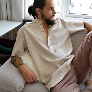 Men&#39;s Linen Shirt, Short sleeves man&#39;s shirt, Linen shirt for men, Men linen shirt, Flax shirt, Beach party shirt, Band collar linen shirt