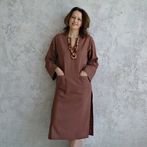 Women's KAFTAN DRESS, Linen Long Tunic with Roll-up Sleeves, Linen Beach Dress with Slits, Midi V-neck Dress, Linen Kaftan Women image 1