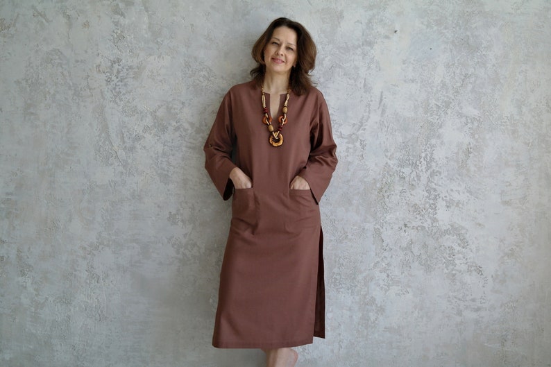 Women's KAFTAN DRESS, Linen Long Tunic with Roll-up Sleeves, Linen Beach Dress with Slits, Midi V-neck Dress, Linen Kaftan Women image 1