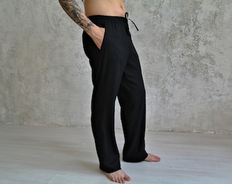 Straight Loose Linen Pants for Men, Drawstring Summer Trousers with Elastic Waist for Travel