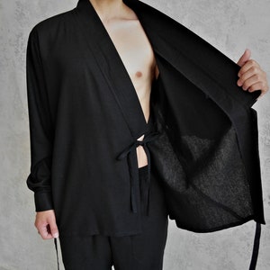 BLACK KIMONO SHIRT for Men, Men's Linen Kimono, Natural Linen Shirt, Japanese Style Shirt, Breathable Shirt for Men, Gift for Him image 3