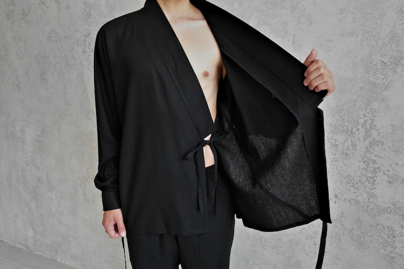 BLACK KIMONO SHIRT for Men, Men's Linen Kimono, Natural Linen Shirt, Japanese Style Shirt, Breathable Shirt for Men, Gift for Him image 3