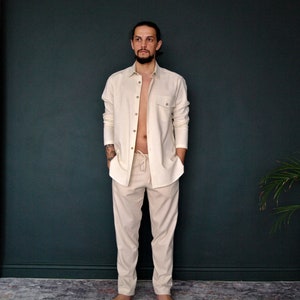 LINEN MENS SUIT: button down shirt, tapered linen pants. Beach Party Suit, Linen Suit for Men, Linen Men's Shirt&Pants, Natural Flax Suit image 2