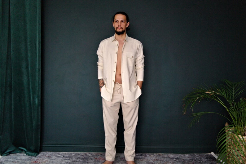 LINEN MENS SUIT: button down shirt, tapered linen pants. Beach Party Suit, Linen Suit for Men, Linen Men's Shirt&Pants, Natural Flax Suit image 2