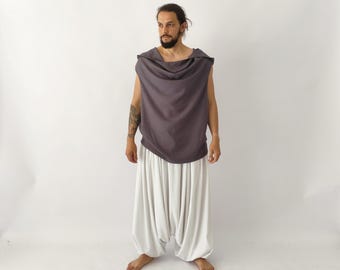 Linnen BOHO-set heren, mouwloze linnen hoodie en harembroek, linnen top met capuchon en Aladdin yogabroek, broek met laag kruis