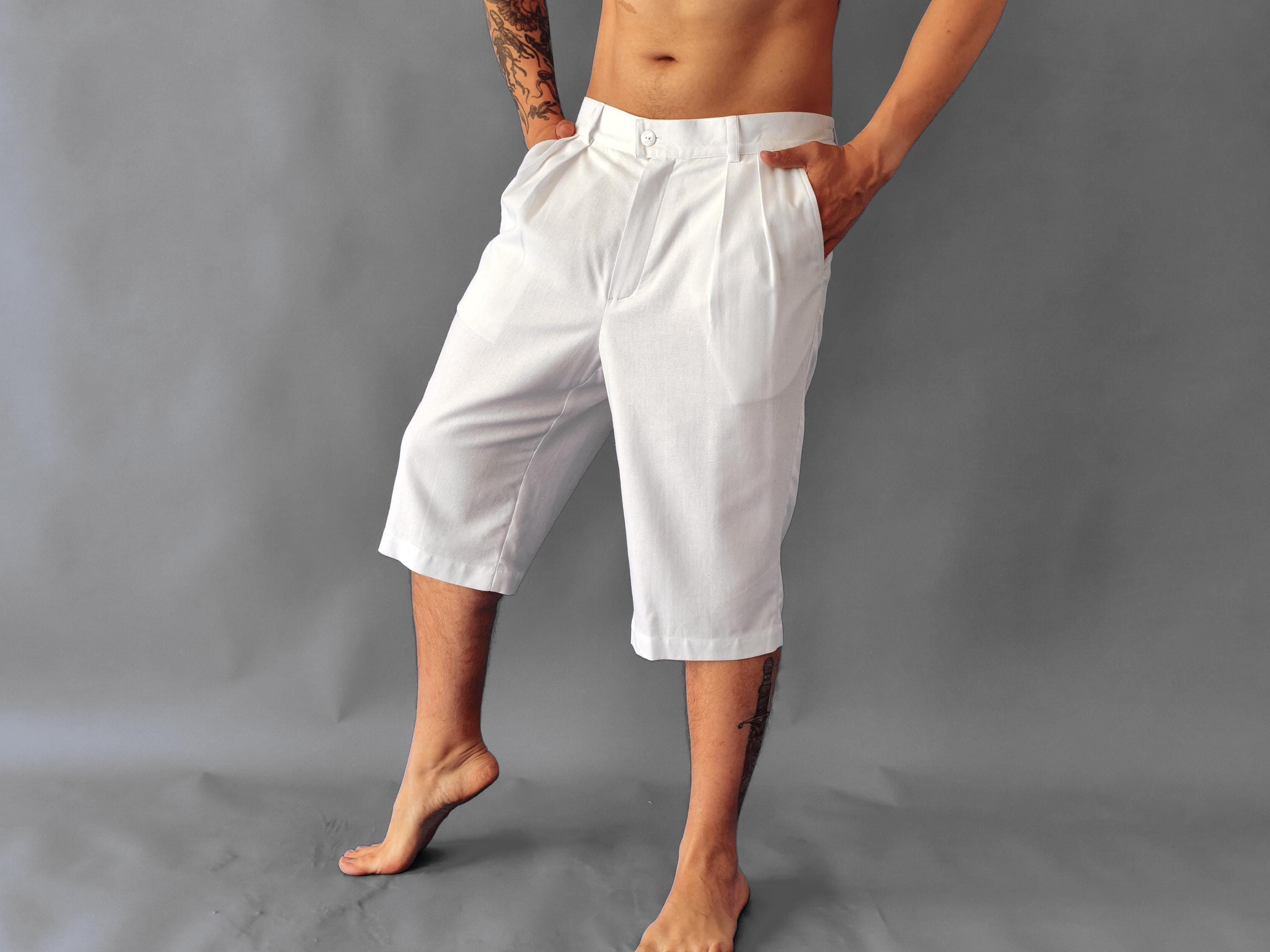 Organic Flax Shorts, Summer Shorts for Men, Bermudas with Pockets, Men's Linen Resortwear, White Beach Shorts