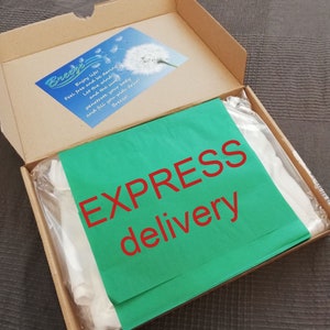 Puede incluir: Una caja de cartón abierta con papel de seda verde que dice "EXPRESS delivery" en rojo. Dentro de la caja hay un producto envuelto en plástico transparente. También es visible una pegatina azul y blanca con la palabra "Breeze".