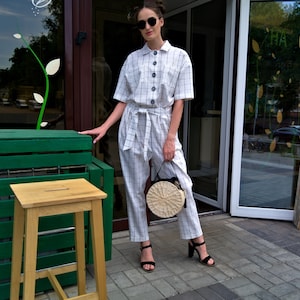 Check Linen Jumpsuit Women, Maxi linen Overall, Natural linen Jumpsuit, Organic Flax Pants Jumpsuit, Linen Pants Overall, Loose linen Romper