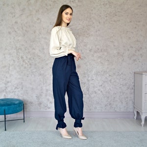 LINEN PANTS for Women, Natural Linen pants, Women's Wide-leg Pants with Straps, Women Linen trousers, Womens Flax pants, Wide linen Trousers image 4