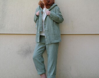 Zweiteiliger Leinenanzug für Damen, bestehend aus Hose, Kapuzenjacke und schmal zulaufender Hose