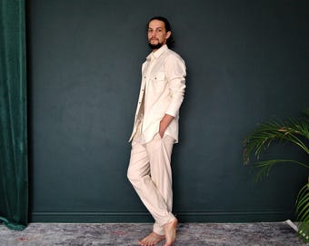 Men's Linen Beach Event Set, Point Collar Shirt and Tapered Pants for Resort Wear