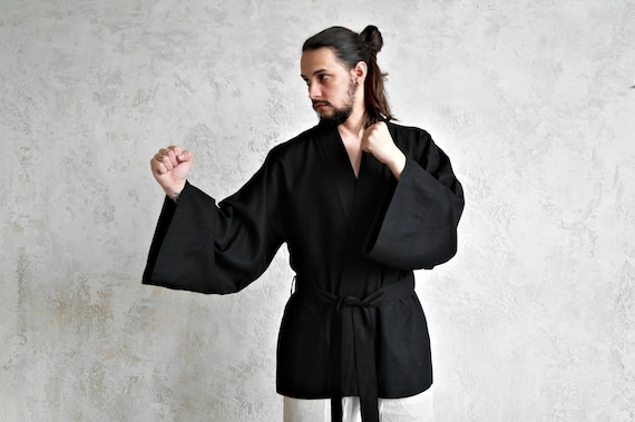 Black Linen Kimono Men Jacket Japanese Kimono Cardigan 