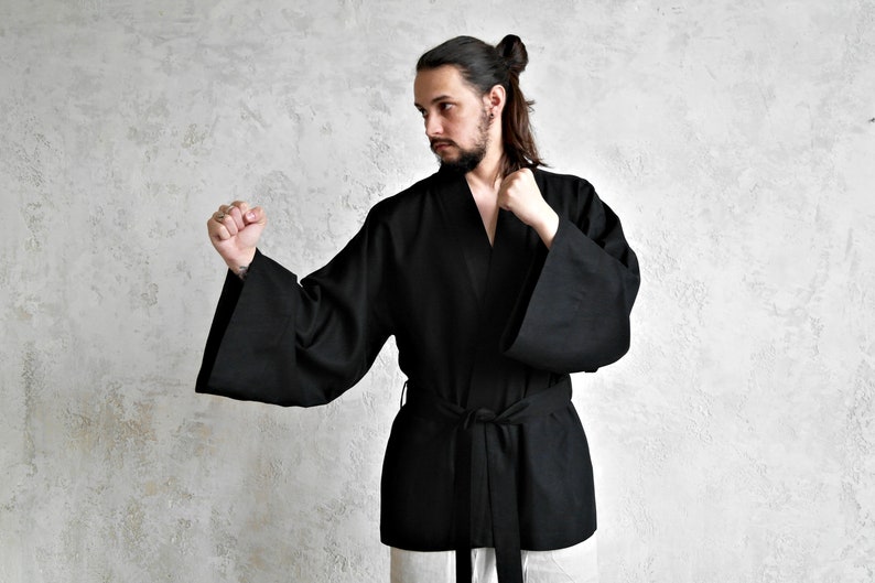 Linen KIMONO Jacket Mens, JAPANESE style Jacket, Wide-sleeve Linen Cardigan for Men, Men Linen Robe, Organic Flax Jacket, Gift for Him image 1