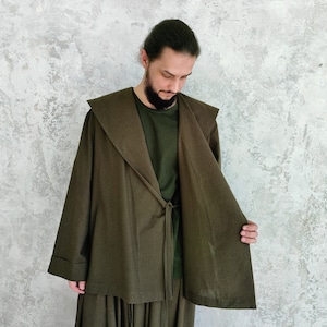 Linen Jacket Men&#39;s, Hooded Linen Jacket for Men, Linen Men&#39;s Jacket with Belt, Men Natural Linen Jacket, Organic Flax Jacket, Gift for Him!
