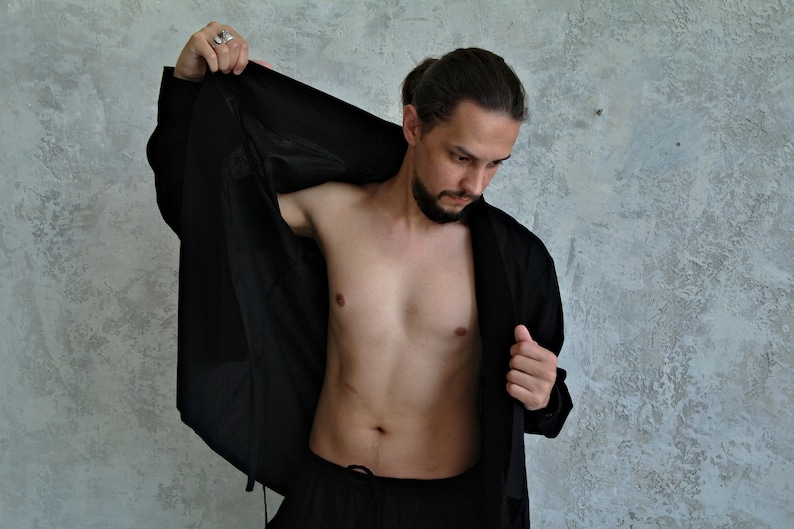 BLACK KIMONO SHIRT for Men, Men's Linen Kimono, Natural Linen Shirt, Japanese Style Shirt, Breathable Shirt for Men, Gift for Him image 2