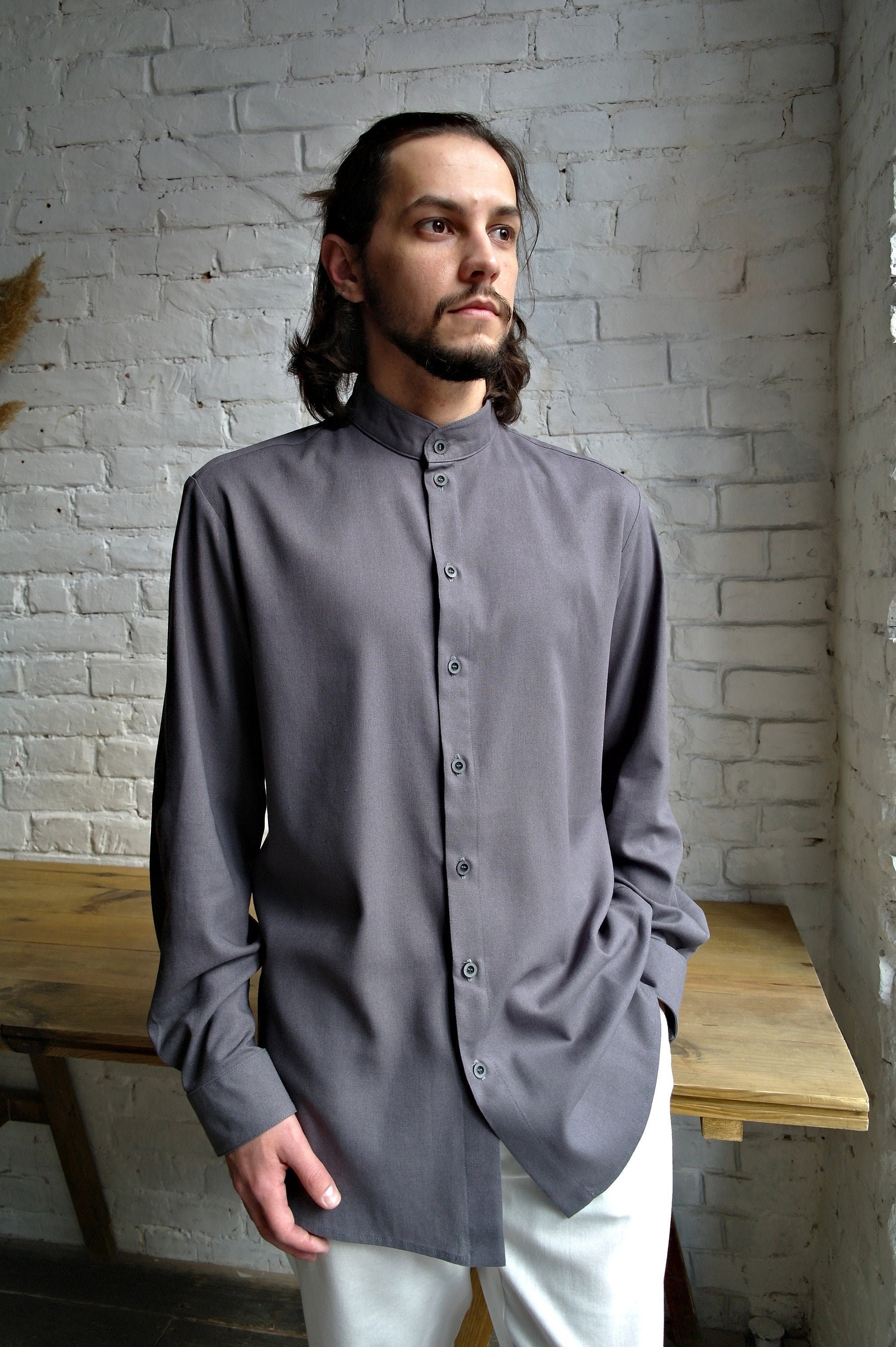 unisex band collar shirt／midweight linen