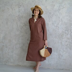 Women's KAFTAN DRESS, Linen Long Tunic with Roll-up Sleeves, Linen Beach Dress with Slits, Midi V-neck Dress, Linen Kaftan Women image 2