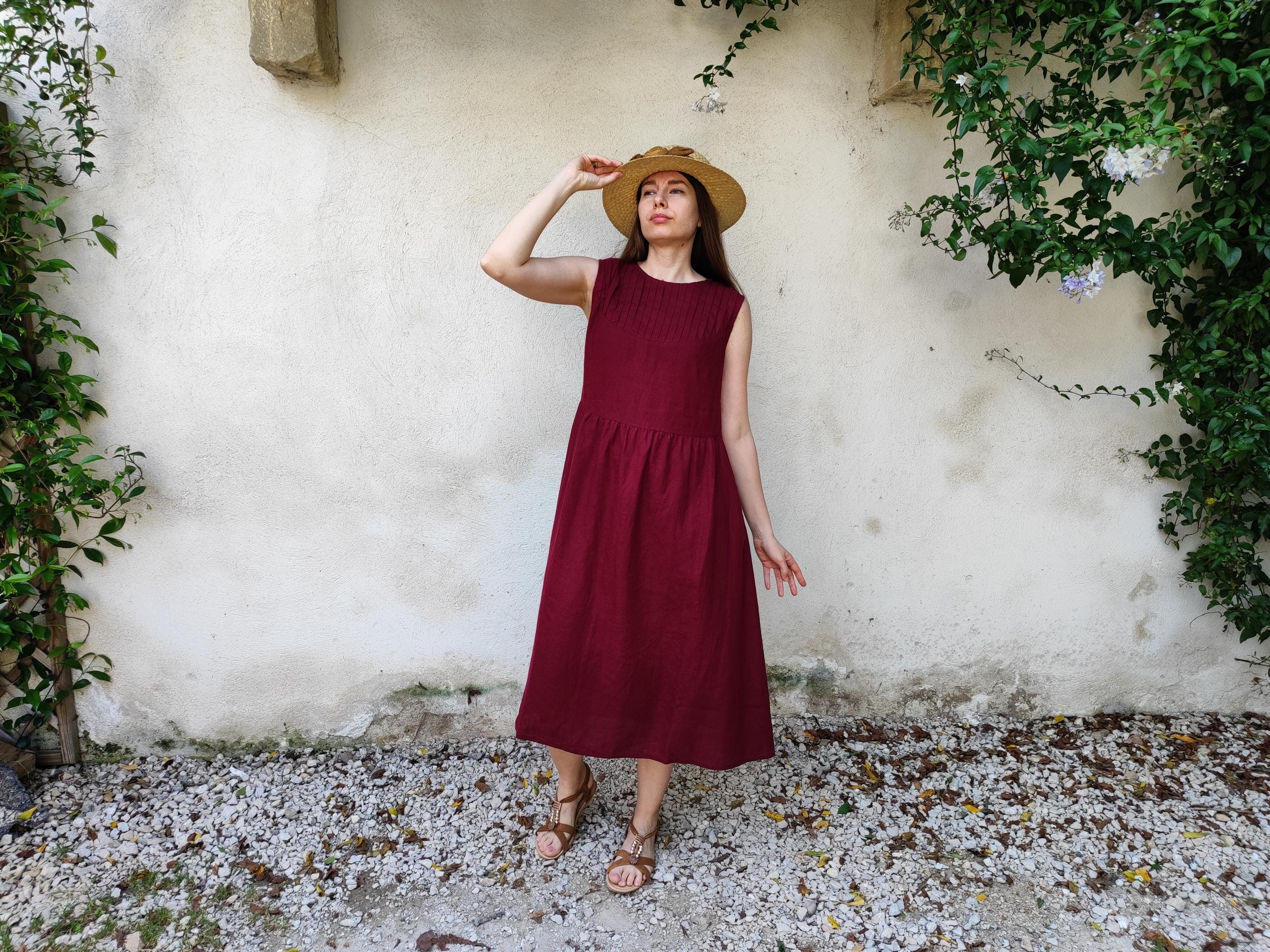 BURGUNDY Linen Dress Women, Midi Linen Dress, Linen Dress Women, Organic Flax Dress, Pleated Linen Dress, Loose Linen Dress, Elegant Dress