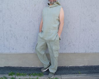 Men's LINEN SUIT, Linen Set for Trekking and Hiking, Hooded Shirt and Pants with Large Pockets, Outdoor Organic Flax Set, Sustainable Linen