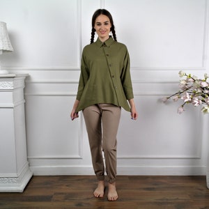 Women's Shirt, Asymmetric Linen Shirt Women, Linen Shirt with 3/4 sleeves, Linen Casual shirt Womens, Loose Linen Blouse, Maxi Linen top Ripe olive