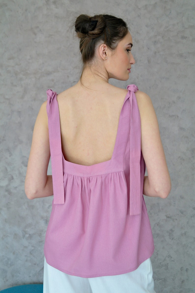 OPEN BACK Strap Top, Wide strap slip top, Linen tops for women, Linen top with long Straps, Open back top, Perfect summer top, Strap Top image 5