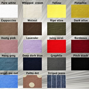 May include: A color palette featuring fabric swatches in various shades. Colors include pure white, whipped cream, yellow, pistachio, cappuccino, walnut, ripe olive, dark olive, dusty pink, lavender, juicy coral, bordeaux, navy grey, deep dark blue, graphite, pitch black, forget-me-not, polka dot, and striped jeans.