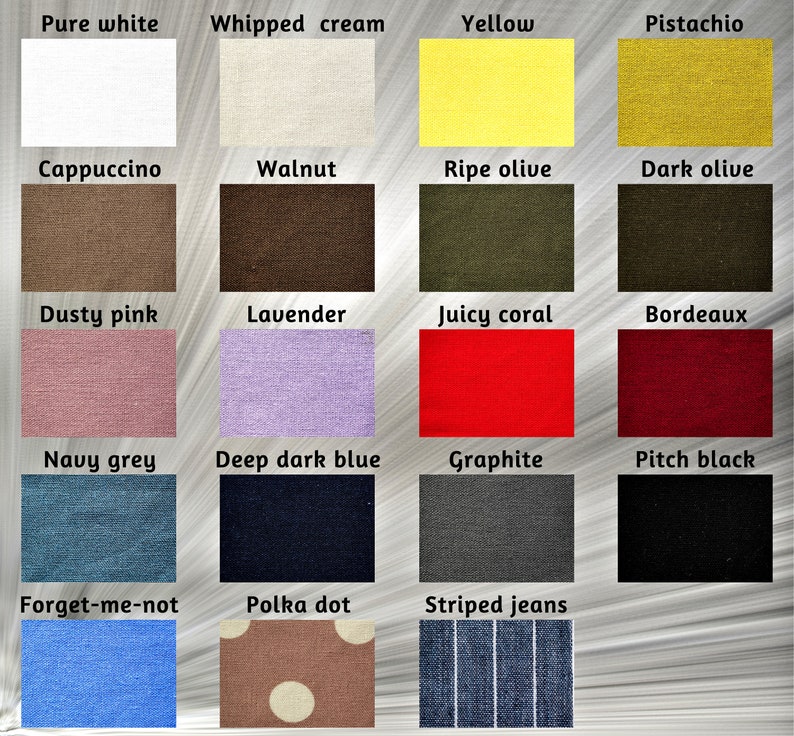 May include: A color palette featuring fabric swatches in various shades. Colors include pure white, whipped cream, yellow, pistachio, cappuccino, walnut, ripe olive, dark olive, dusty pink, lavender, juicy coral, bordeaux, navy grey, deep dark blue, graphite, pitch black, forget-me-not, polka dot, and striped jeans.