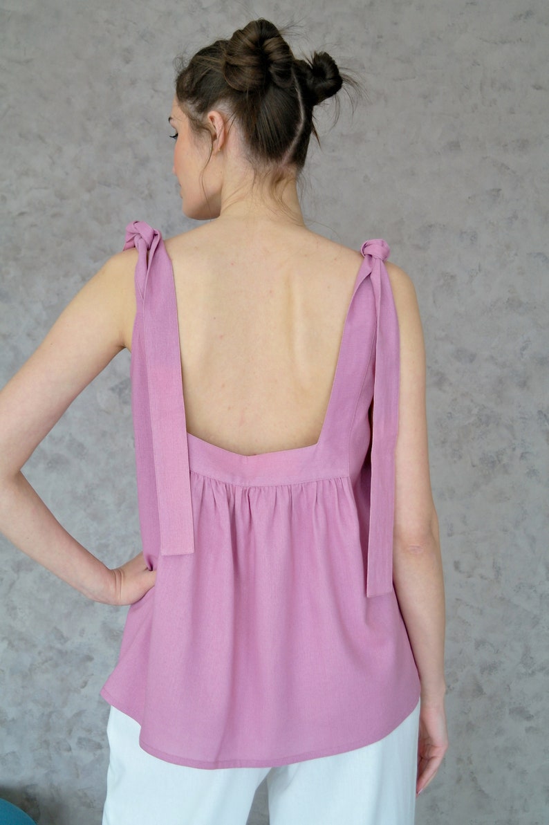 OPEN BACK Strap Top, Wide strap slip top, Linen tops for women, Linen top with long Straps, Open back top, Perfect summer top, Strap Top image 4