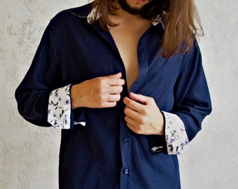 LINEN Men's SHIRT, Linen shirt for Men, Organic flax shirt, Valentine's Gift for Him! Linen Mens Shirt Floral Print, Linen Wedding Shirt