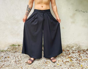 Men's Linen Skirt Pants, Wide-Leg Palazzo, Soft Loose Fit, Black (Pitch Black)