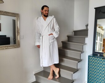 Maxi Hooded Linen Robe for Men, Loose Flax Bathrobe with Pockets, Lounge Housecoat