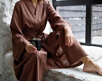 Leinenbademantel mit Glockenärmeln für Damen, Maxi-Bademantel mit Gürtel und Taschen