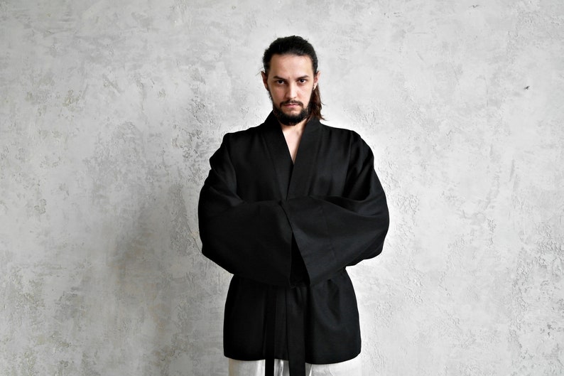 Linen KIMONO Jacket Mens, JAPANESE style Jacket, Wide-sleeve Linen Cardigan for Men, Men Linen Robe, Organic Flax Jacket, Gift for Him image 3