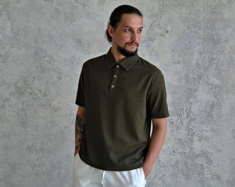 Men's Linen Polo Shirt, Short Sleeves and Coconut Buttons
