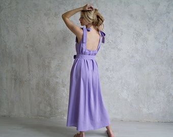 Maxi Linen sundress, Lavender Linen Backless Sundress, Wide Strap Slip dress, Linen dresses for women, Open back dress, PERFECT summer dress