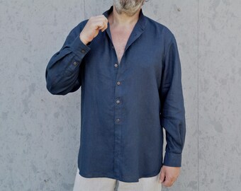 Natural Shirt Mens, Dark Blue Linen Shirt for Men, Button-down Linen Men Shirt, Sustainable Men's Shirt, Organic Flax Shirt, Gift for Him!