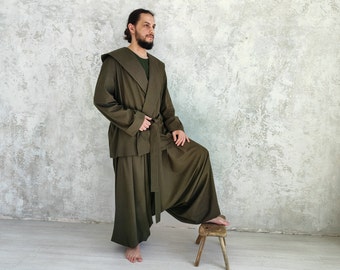 MEN'S LINEN set: Hooded Linen Jacket and Harem Pants, Organic Flax Man's Suit, Men Wrap Linen Jacket &Natural Linen Harem Pants with Pockets