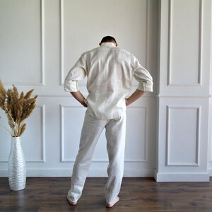 MEN'S LINEN SET, Pure linen suit men, Best man linen suit, Band collar shirt, Roll-up sleeves, Linen pants men, Flax trousers, Flax shirt image 9